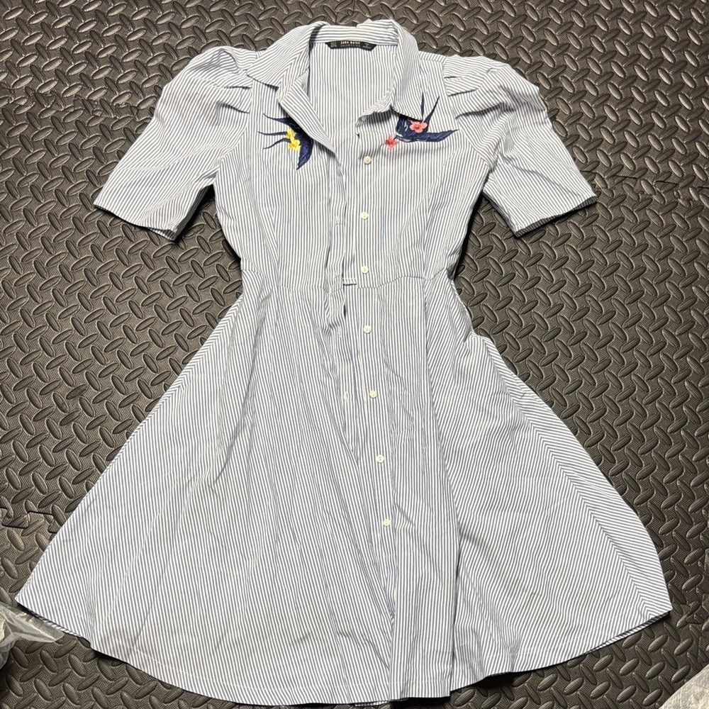 Zara Blue Striped Shirt with Bird Embroidery
